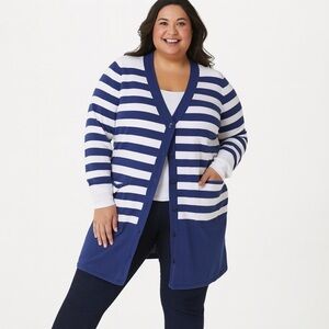 Isaac Mizrahi Live size 3X nautical strip button front cardigan layer cover work